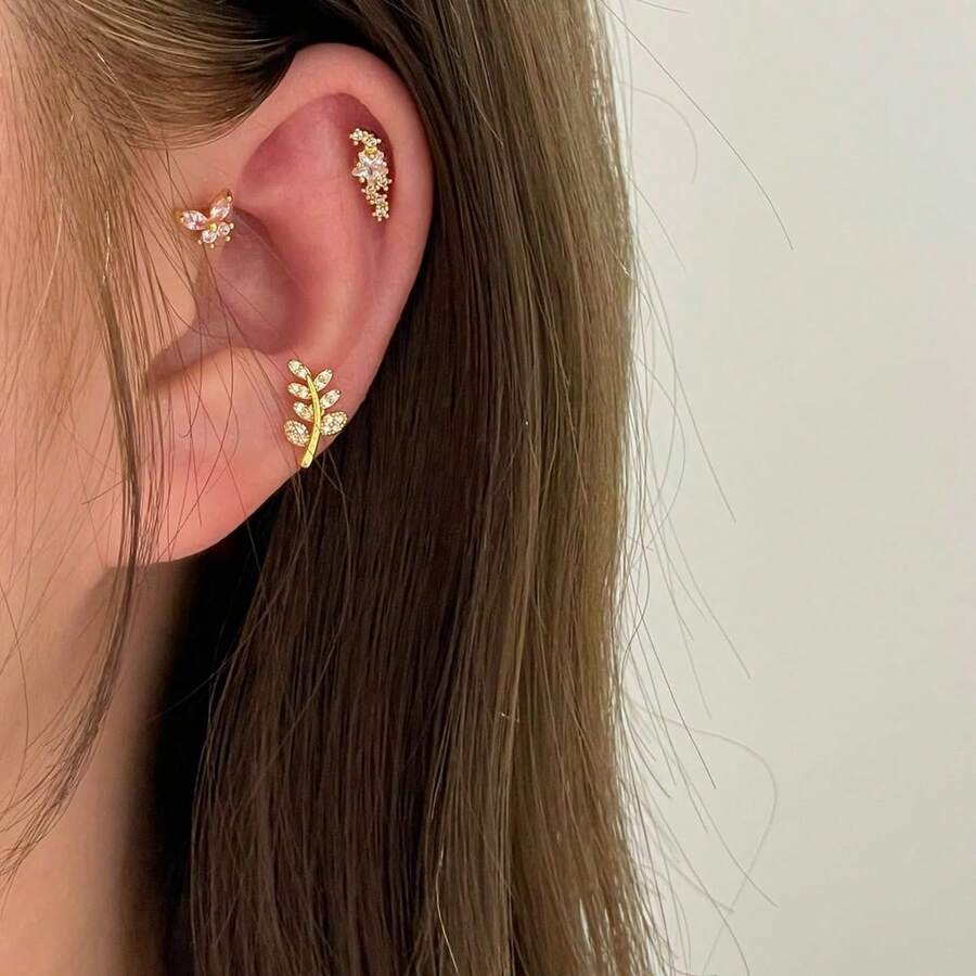 3 件耳钉女士时尚闪亮方晶锆石耳钉不锈钢金色耳钉耳轮耳洞穿孔首饰派对礼物 - 3 Pcs Set Stud Earrings - 查看 1