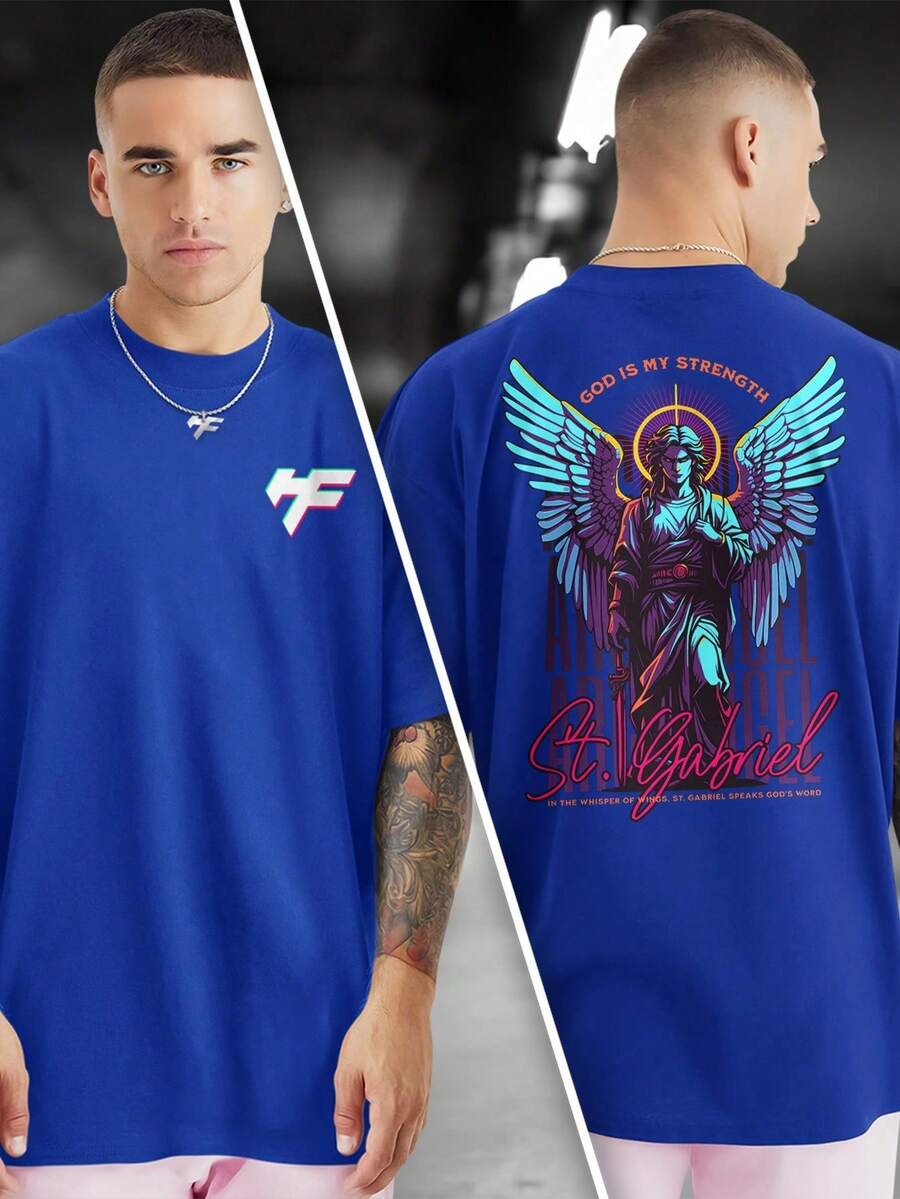 ST GABRIEL GOD Printed T-Shirt Front And Back 100% Cotton GPJ1 - Xanh đậm - Xem 1