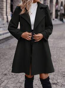 女士双排扣休闲百搭长袖长款大衣，秋冬款