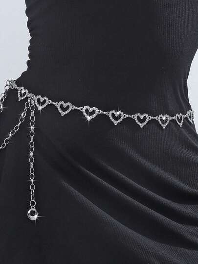 1 pieza Cadena de cintura con forma de corazón y rhinestones de moda, cinturón trenzado de metal para mujeres, perfecto para vestidos de verano con un estilo versátil y personalizado para Halloween, San Valentín, verano, escuela, otoño, Halloween
