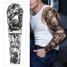 1pc Waterproof Temporary Tattoo Sticker, Pirate Ship Design, Full Arm Tattoo Sleeve For Men - Black and White - View 1