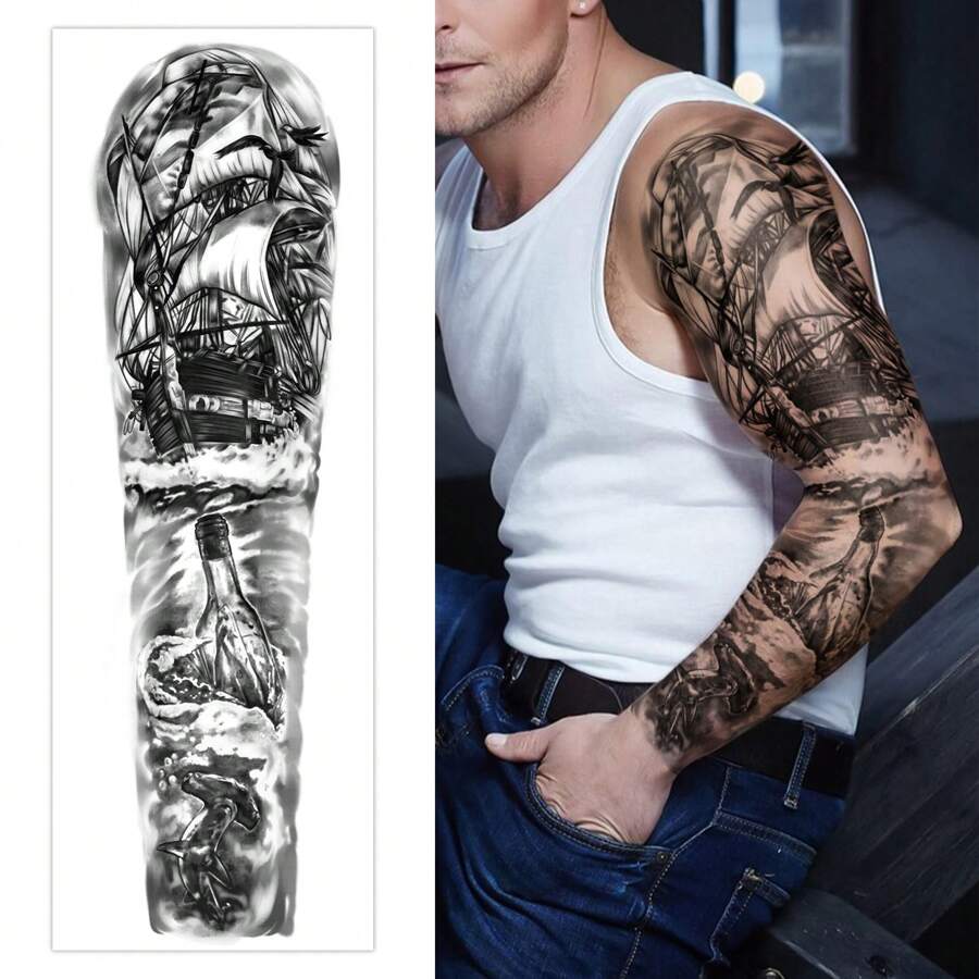 1pc Waterproof Temporary Tattoo Sticker, Pirate Ship Design, Full Arm Tattoo Sleeve For Men - Black and White - View 1
