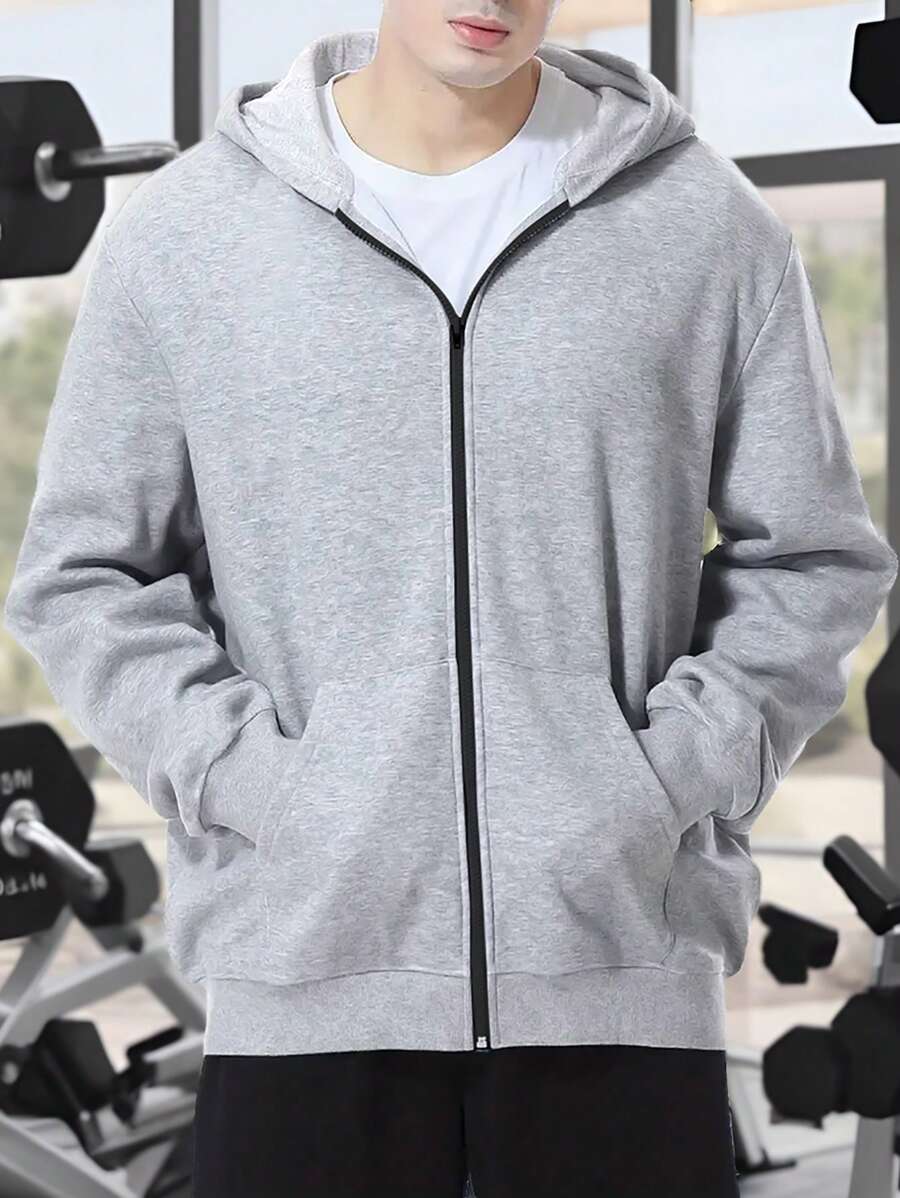 1 chiếc áo khoác hoodie có khóa kéo kiểu bạn trai dành cho nam, quần áo thể thao có mũ trùm đầu, dáng rộng, trơn, có dây rút - Xám - Xem 1
