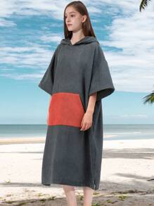 1pc Solid Color Super Absorbent Microfiber Bath Towel Cape, Quick Drying, Warm Hooded Beach Towel For Adults Men Women, Indoor Outdoor Use Summer Wedding Home Bathroom Decor Beach Wear Back To School