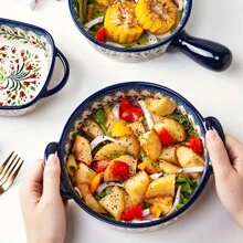 手绘陶瓷碗，彩色烘焙碗，带手柄，沙拉烧烤，奶酪烤饭锅圆形烤盘，烤盘套装，烹饪砂锅，蛋糕晚餐，厨房，手工绘画技术波兰三色堇，烤箱烘焙碗 - 彩色 - 查看 10