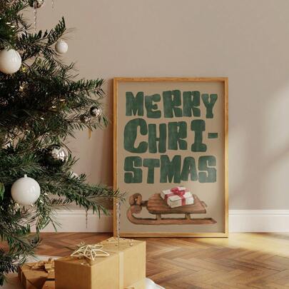 1pc Vintage Merry Print Fun Holiday Decor Typography Wall Art Watercolor Sled Poster Present Print ,Wall Decoration Posters, Wall Canvas Decoration, Ideal Gifts For Hallway Bedrooms And Living Room Home Decor Christmas Decorations Room Decor Christmas