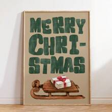 1pc Vintage Merry Print Fun Holiday Decor Typography Wall Art Watercolor Sled Poster Present Print ,Wall Decoration Posters, Wall Canvas Decoration, Ideal Gifts For Hallway Bedrooms And Living Room Home Decor Christmas Decorations Room Decor Christmas