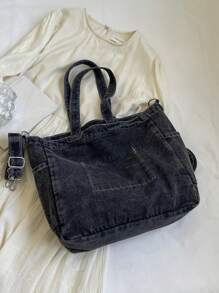 Bộ 2 chiếc túi xách tay kiểu cổ điển dung tích lớn, túi đeo vai tối giản màu trơn, dây đeo chéo có thể điều chỉnh, phù hợp cho công việc, đi làm, đi học, đi chơi hàng ngày và mua sắm. - Màu xám đen - Xem 10