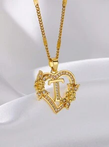 1 Pc Fashion Zirconia Flower Initial Heart Pendant Necklaces For Women Gold Color Stainless Steel Letter Chain Wedding Jewelry Gifts Valentines,Mom,Mother,Mother's Day,Gift