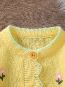 Baby Girl Floral Embroidered Long Sleeve Casual Knit Jumpsuit, Autumn/Winter - Yellow - View 2