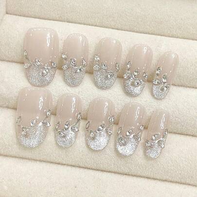 10片装奢华手工按压式美甲片，中号椭圆形，撕裂设计，配有3件套工具和胶贴，适合女士和女孩的日常生活。美甲用品，手工按压式美甲片