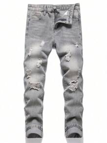 Tween Boys Distressed Jeans With Button Waistband And Belt Loop Design, Street Fashion - Grey - View 1