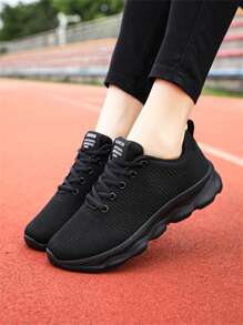 Tênis Casuais Femininos Respiráveis de Malha Preta, Sola Macia Leve, Tênis de Corrida e Exercícios com Cadarço e Solado Plano - Multicolorido - Visão 15