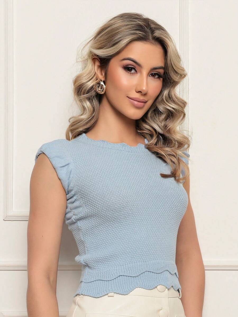 ONLYONE - JAPANESE MODAL SLEEVE CROPPED TOP WITH WAVE DETAIL HEM - SHEIN FIMINAS TOPS KNIT TOPS - Baby Blue - View 1