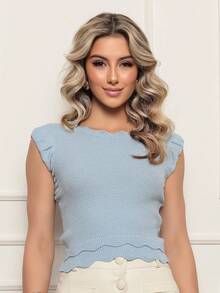ONLYONE - JAPANESE MODAL SLEEVE CROPPED TOP WITH WAVE DETAIL HEM - SHEIN FIMINAS TOPS KNIT TOPS - Baby Blue - View 4