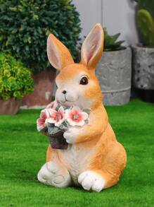 1pc Outdoor Garden Ornaments Solar Powered Resin Craft Rabbit Holding Flower Decoration For Garden - Burnt Orange - View 13