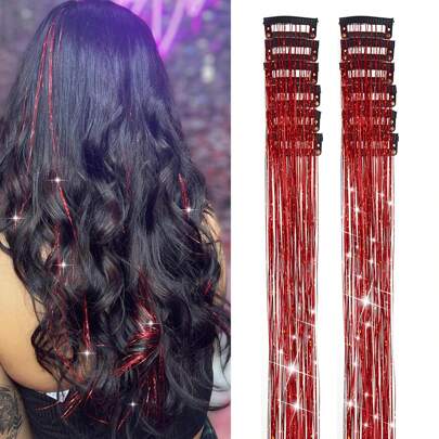 6pcs Shiny Hair Clips, 23.6 Inch Sequin Hair Extensions Clips, Heat Resistant Glitter Hair Accessories, For Women (Red)