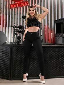 Women's Black Skinny Jeans, High Waist, With Lycra, Butt Lifting, Modern, Premium. - màu đen - Xem 3