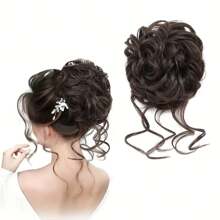 1 件黑棕色凌乱发髻发片卷发发髻发圈凌乱发髻接发卷发波浪马尾辫合成发髻带弹性发带适合女士和女孩日常派对婚礼轻松造型 - 黑棕色 - 查看 4