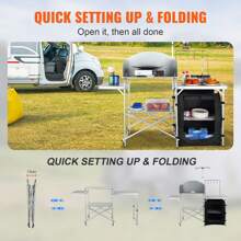 Camping Kitchen Table, Folding Outdoor Cooking Table With Storage Carrying Bag, Aluminum Cook Station 1 Cupboard & Detachable Windscreen, Quick Set-Up For Picnics, BBQ, RV Traveling