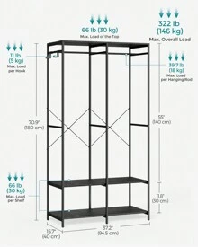 SONGMICS Portable Clothes Wardrobe, Foldable Closet, Clothes Rack Freestanding, Closet Organiser, With Hanging Rods, Storage Shelves, Removable Hooks, 40 X 94.5 X 180 Cm - Black - View 4