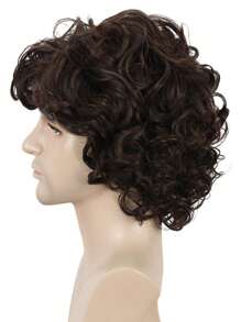 Peluca de cabello sintético rizado marrón natural, con flequillo lateral, de 10 pulgadas, para hombres, adecuada para uso diario, Halloween, días festivos y fiestas - Marrón - Ver 4