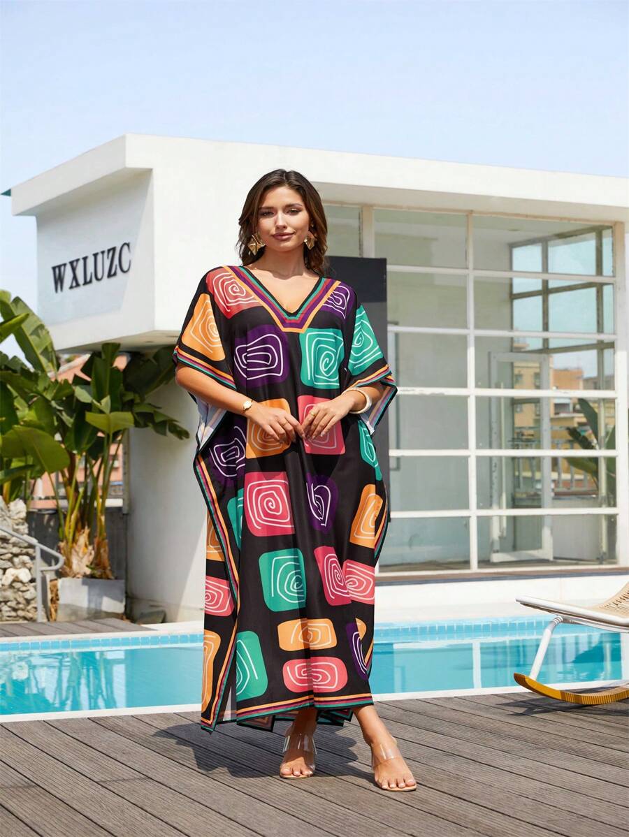 Women's Kaftan Blouse Side Split Home Casual Cover Up Four Side Stretch Fabric Dress Cover Up