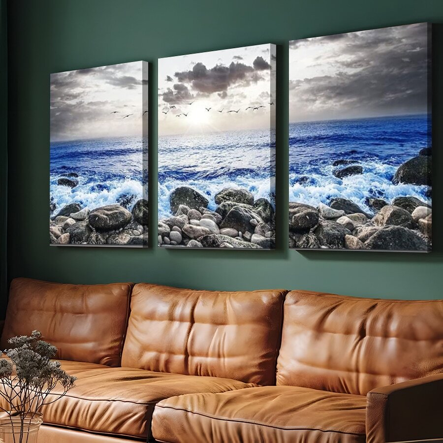 3pcs Natural Scenery Wall Painting Ocean Coast Scenery Painting Black And White Blueprint Canvas Painting Home Wall Decoration For Living Room Bedroom Bathroom - màu sắc - Xem 1