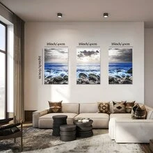 3pcs Natural Scenery Wall Painting Ocean Coast Scenery Painting Black And White Blueprint Canvas Painting Home Wall Decoration For Living Room Bedroom Bathroom - màu sắc - Xem 9