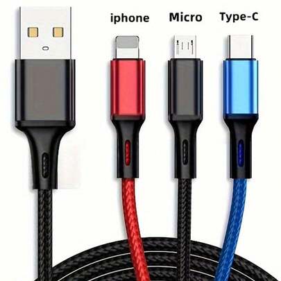 BinBoom 多用途充电线，多用途 USB 充电线 三合一充电线 通用 USB 充电线，带 Type-C、Micro USB、IP 端口，适用于大多数手机和平板电脑，兼容 、Android、相机、MP3 通用适配器聚酰胺
