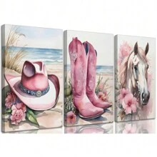 3 Pieces Of Coastal Western Cowgirl Canvas Wall Art, Pink Flower Boots Hat, Horse Aesthetic Painting Picture, Wall Decoration, Southern Girl Fashion College Style Poster Printing Artwork, Girl Room Bedroom Dormitory, Frameless