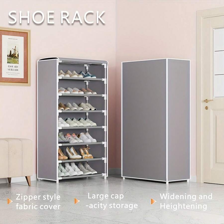 1 Giá để giày chống bụi có vải phủ, giá để giày và ủng cho lối vào, tủ quần áo, phòng ngủ, nhà để xe, giá để giày kim loại độc lập - Màu Xám nhạt - Xem 1
