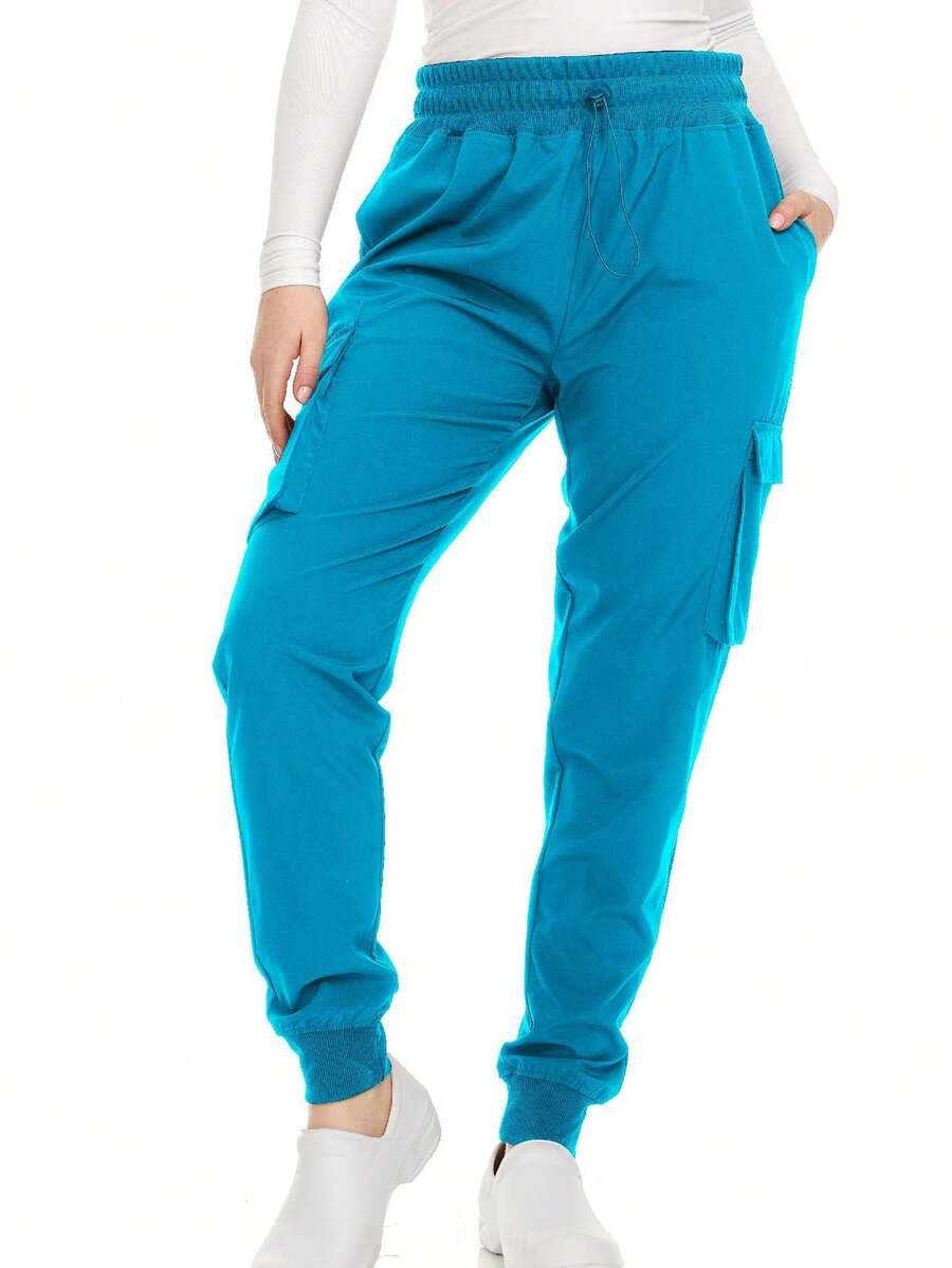 Women's Cargo Scrub Jogger Pants – 4-Way Stretch, Elastic Waist, Multiple Utility Pockets, Wrinkle-Resistant, Workwear For Nurses & Healthcare Professionals - 水鴨藍 - 查看 1