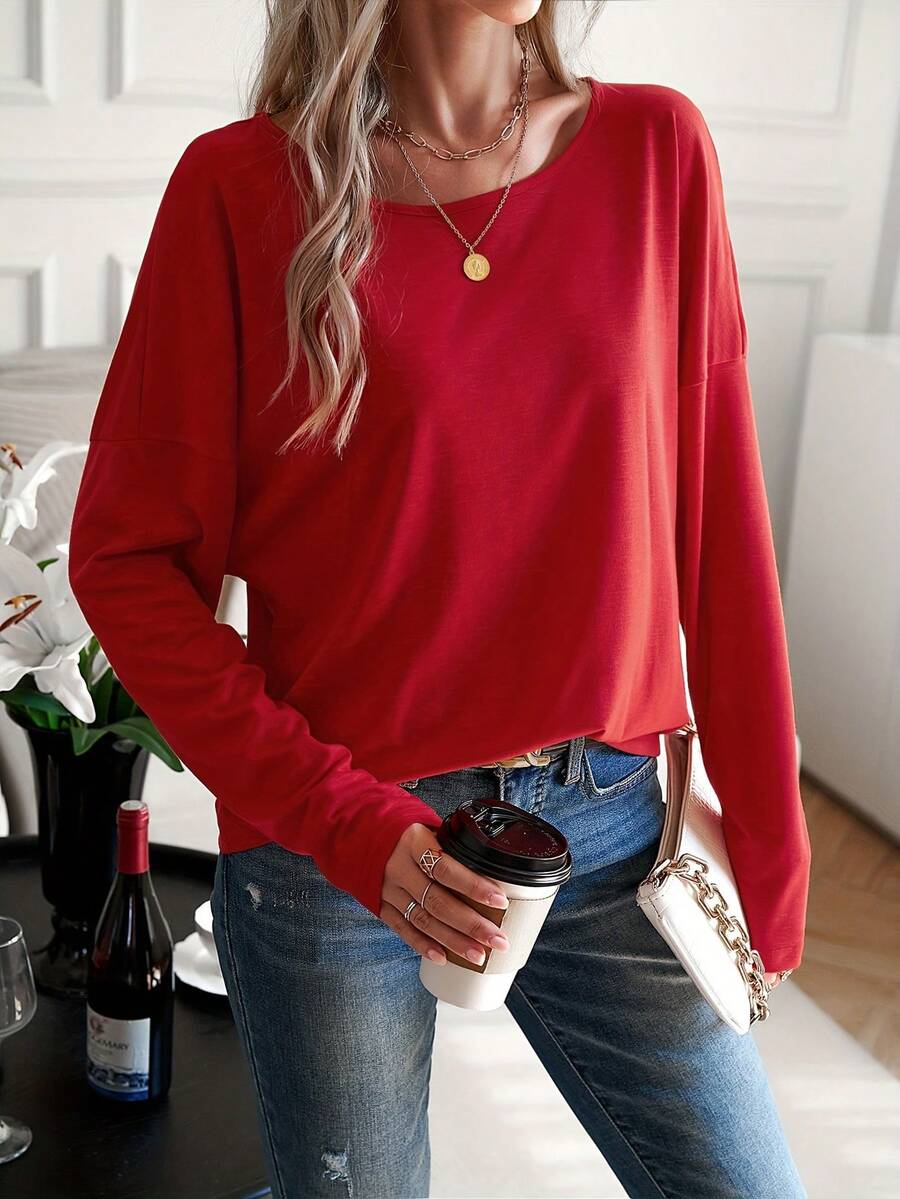 Women's Solid Color Batwing Sleeve T-Shirt, Spring & Autumn