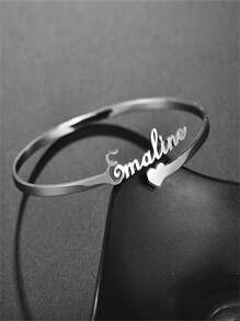 1 Piece Customized Name Heart Bracelet For Women Men, Golden Stainless Steel Open Bracelet, Stylish Personalized Customized Name Bracelet, Party Birthday Gift For Family For Friends - Silver - View 4