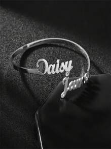 1 Piece Customized Name Heart Bracelet For Women Men, Golden Stainless Steel Open Bracelet, Stylish Personalized Customized Name Bracelet, Party Birthday Gift For Family For Friends - Silver - View 3