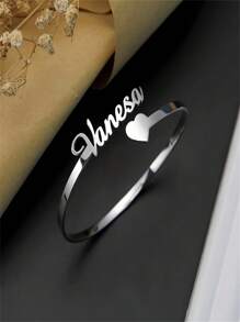 1 Piece Customized Name Heart Bracelet For Women Men, Golden Stainless Steel Open Bracelet, Stylish Personalized Customized Name Bracelet, Party Birthday Gift For Family For Friends - Silver - View 10