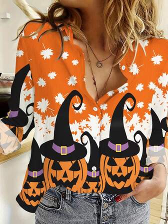 2024 Halloween New Pumpkin Pattern Digital Print Long Sleeve Shirt