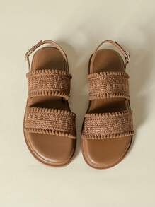 2026新款厚底绑带凉鞋，复古波西米亚风沙滩坡跟人字拖，舒适休闲优雅轻便透气流苏编织网布拼接厚底凉鞋，春秋季款，小码33-34，大码41-43 - 棕色 - 查看 7