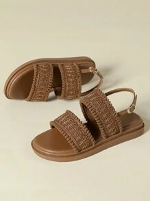 2026新款厚底绑带凉鞋，复古波西米亚风沙滩坡跟人字拖，舒适休闲优雅轻便透气流苏编织网布拼接厚底凉鞋，春秋季款，小码33-34，大码41-43 - 棕色 - 查看 6