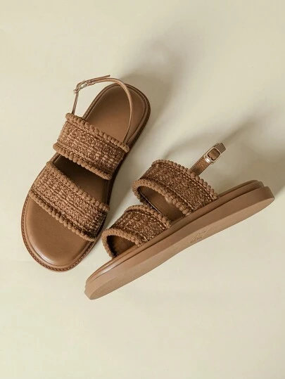 Thick Sole Strap Buckle Sandals, Suitable For Outdoor, Beach, Casual Wear, Retro Bohemian Style, Soft Bottom, Comfortable, Versatile, Elegant, Lightweight, Breathable, Fringed Woven Mesh Patchwork, Wedge Heel, Soft Bottom, New Spring/Autumn 2026 Collection, Round Toe, Fresh Candy Brown Strap Roman Sandals, Plus Size Women 41-43