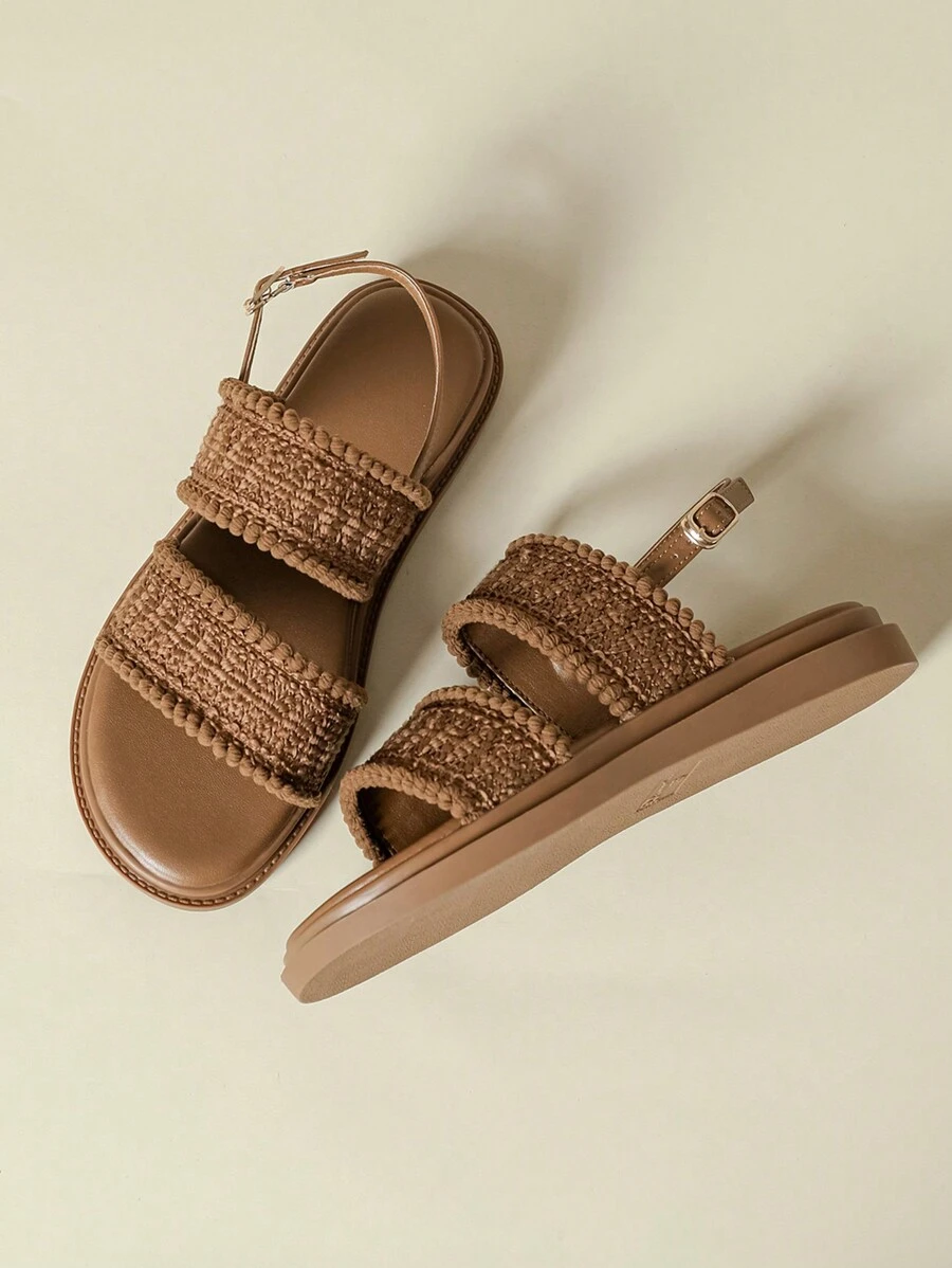 2026新款厚底绑带凉鞋，复古波西米亚风沙滩坡跟人字拖，舒适休闲优雅轻便透气流苏编织网布拼接厚底凉鞋，春秋季款，小码33-34，大码41-43