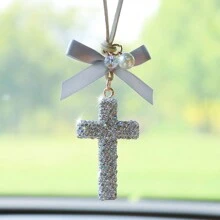 1pc Rhinestone Encrusted Ceramic Cross Car Hanging Decor - one-size - View 11