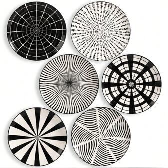 AHX Dinner Plates Ceramic Plate Set - 8 Inch/10 Inch Large Porcelain Round Plate Sets Of 6 - Flat Modern Black Pattern Dining Plates For Kitchen | Family - Dishwasher | Microwave | Oven Friendly