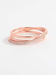 Vaerine 1 件优雅别致的 925 银不对称交叉设计锆石戒指，送给女性的迷人礼物 - 玫瑰金 - 查看 3