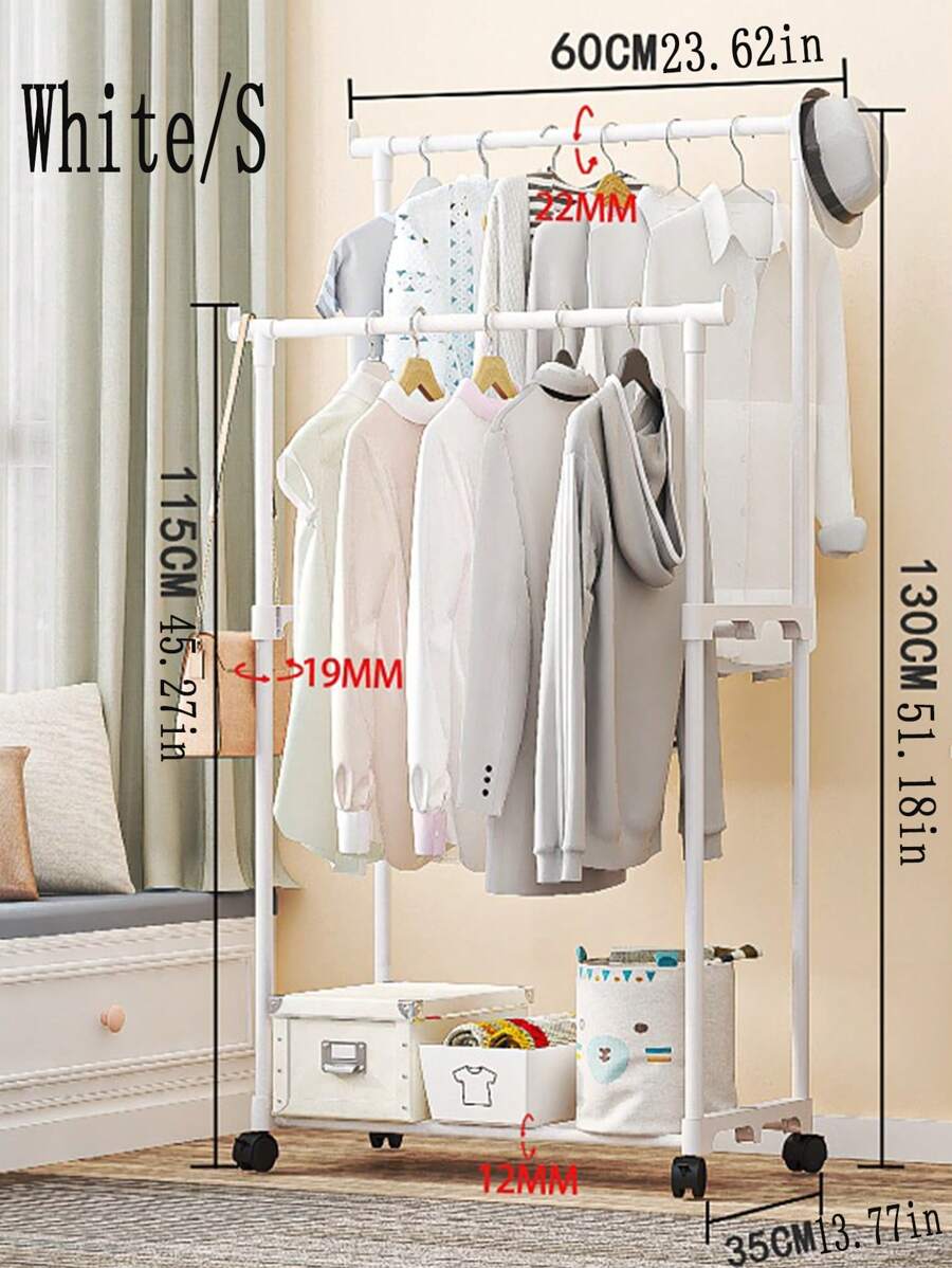 1pc Double Rod Clothing Rack With Wheels, Multi-Layer Storage Coat Rack ...