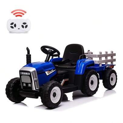 Tractor a batería con remolque y control remoto de 12V, velocidad máxima de 5 mph, vehículo eléctrico para niños pequeños con faros LED, cambio de 2+1 velocidades, reproductor MP3, puerto USB, apto para niños de 3 a 6 años, neumáticos de 25W/Tread, neumáticos de 35W/EVA