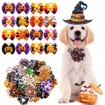 20pcs Random Color Pet Accessories Set - Bow Tie & Chiffon Pumpkin Flower Headpiece, Suitable For Halloween