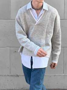ANDREILEE V-Neck Long Sleeve Pullover Sweater, Classic Casual Street Style, Suitable For Spring, Autumn, Winter - Grey - View 1