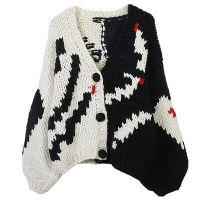 Cardigan de malha solta com decote em V e contraste de cores para mulheres, outono/inverno